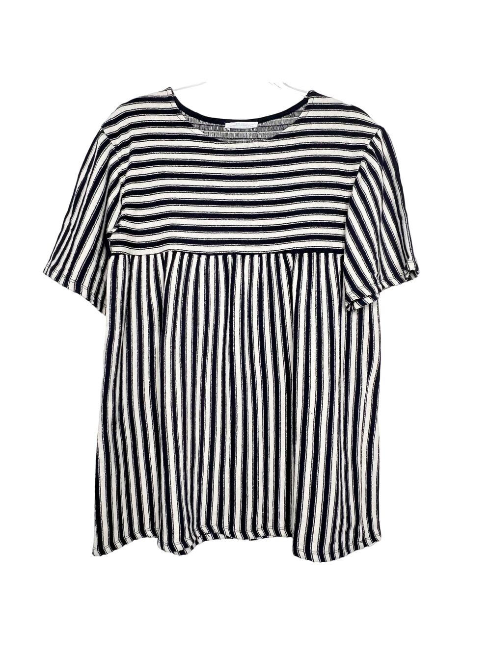 ZARA Trafaluc Striped Babydoll Top Crew Neck Short Sleeve Blue White Size Small